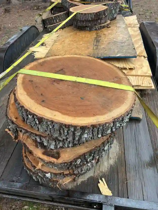 Thick oak rounds strapped down on a trailer bed