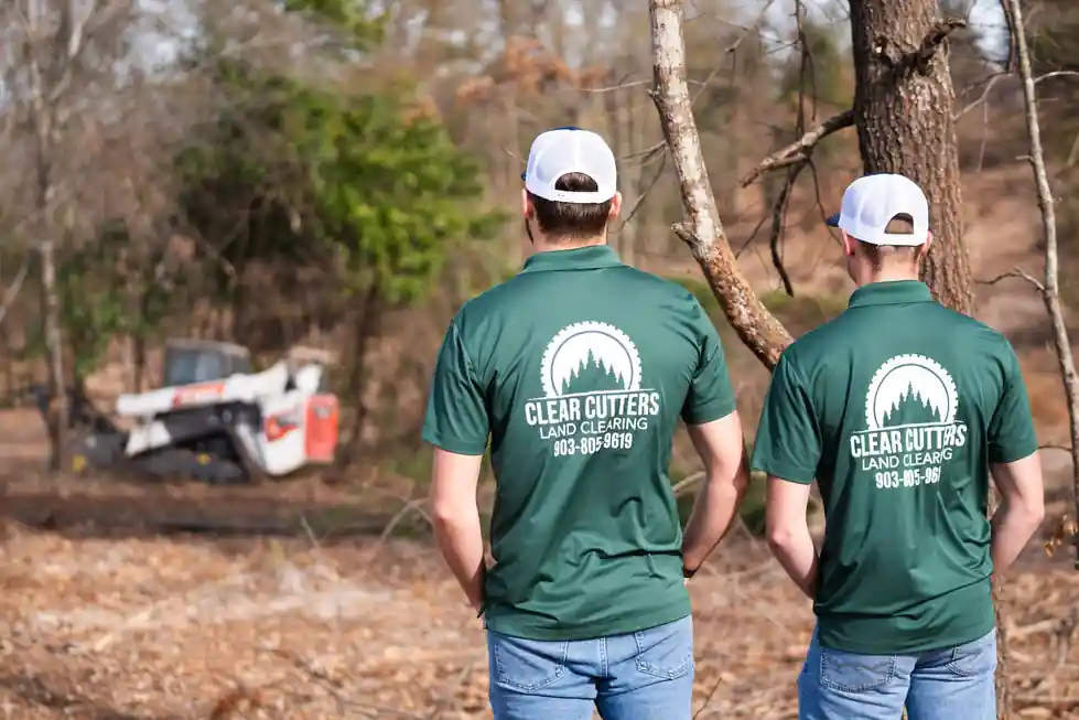 Two Clear Cutters crew members in green company polos looking over a mulched woodlot with their Bobcat